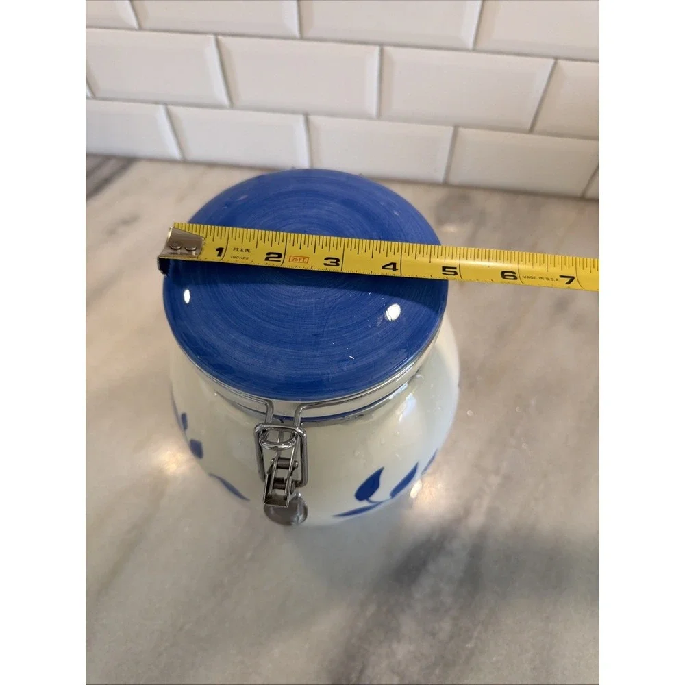 Inspirado Canister Cookie Jar White Blue Stonelite‎ Hinged Seal Lid 9.75